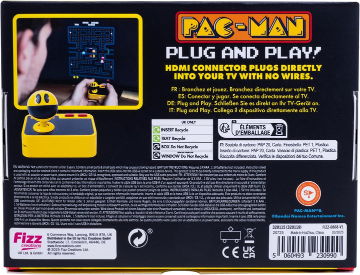 Fizz Creations PAC-MAN Plug & Play Retro Gaming Arcade Game Wireless Controller Included HDMI Cable