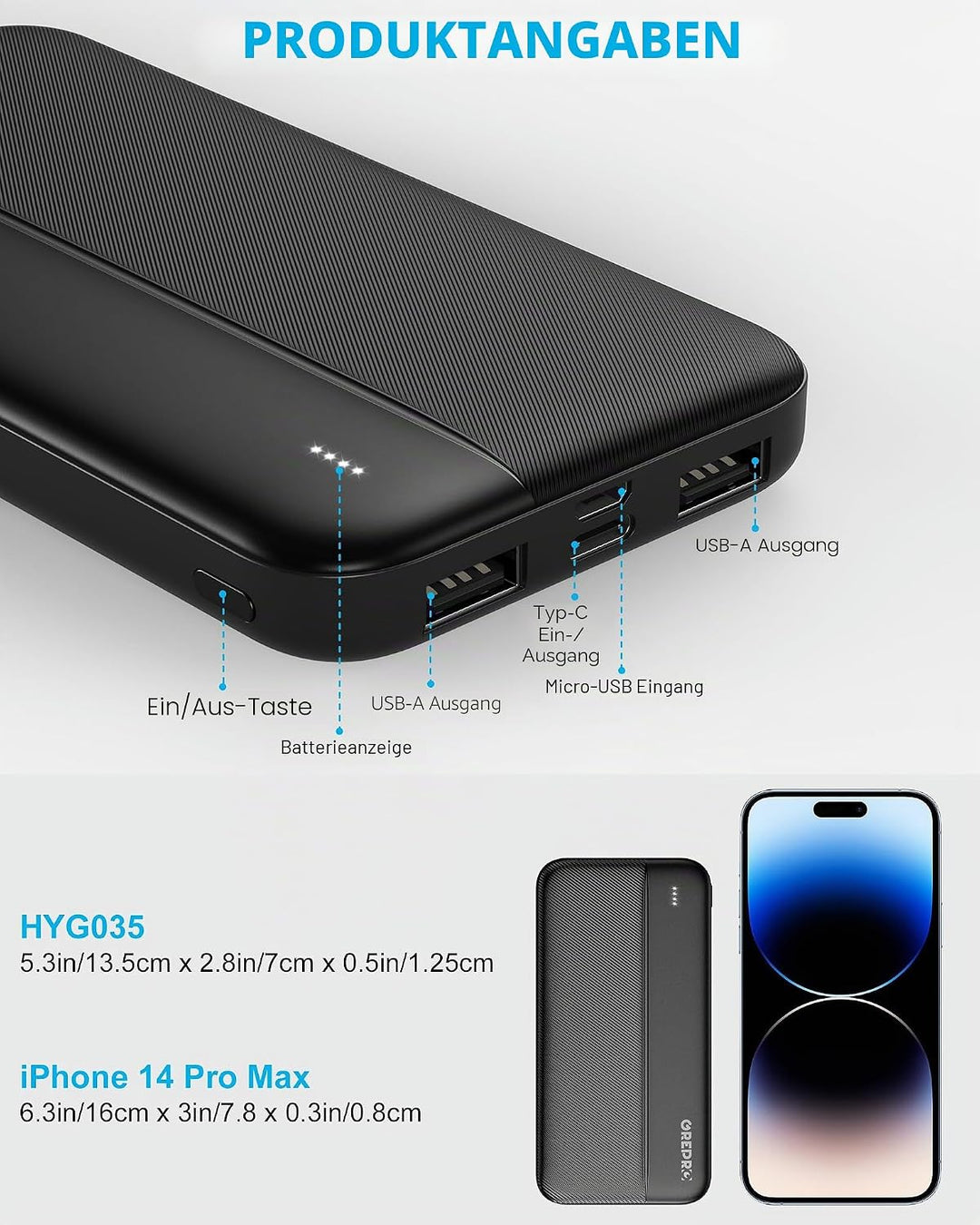 GREPRO Power Bank 10000mAh 2 Stück, 2×USB‑A‑ und USB‑C‑Ausgangsanschlüssen Schwarz-Schwarz, Schwarz-