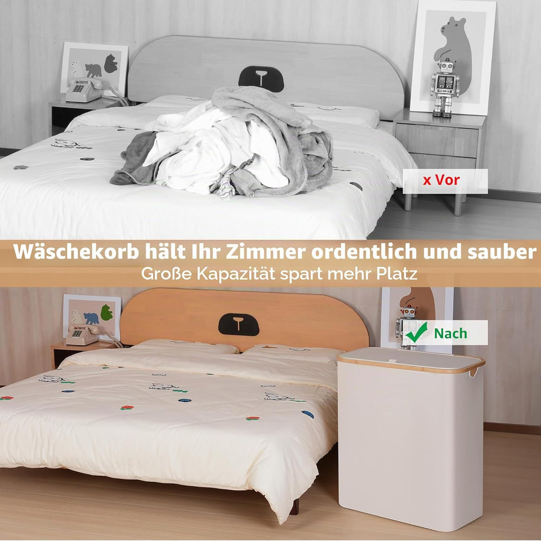 iEGrow Wäschekorb150L XL-Extra Gross 2 Fächer Wäschesammler mit Bambusgriff und Deckel, Laundry Bask