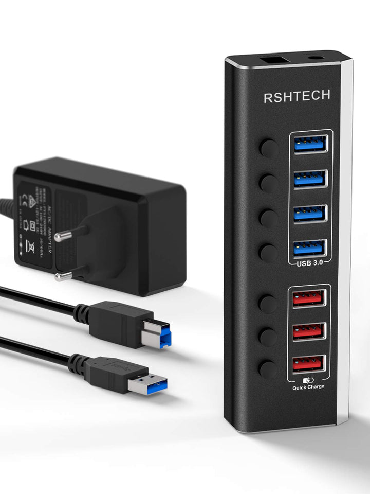 RSHTECH Aluminium USB Hub Aktiv 3.0 mit 36W Netzteil, mit 3*Schnellladeanschluss, 4*USB 3.0 Datenans