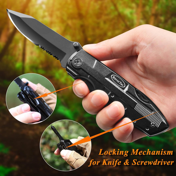 RoverTac Multitool Taschenmesser Männer Geschenk: Folding Knife Survival Camping Messer, Zange, Dose