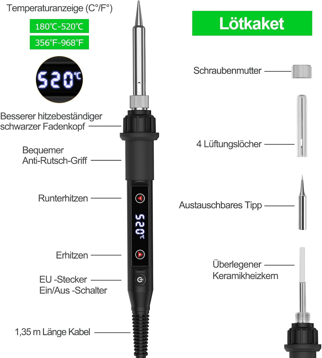 Lötkolben Set 80W LED Einstellbar Temperatur 180-520°C Lötkolben mit Ein/Aus Schalter, 50g Lötdraht,