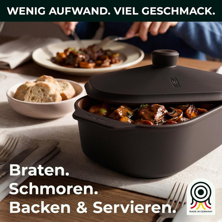 myromy® Bräter, Schmortopf & Brotbackform aus Keramik Natur-Ton: Bratentopf, Dampfgarer & Backform,