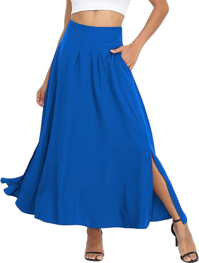 Damen High Waist Maxirock Taschen mit Seitenschlitz Langer A-Linie Rock S 0 Hellblau, M