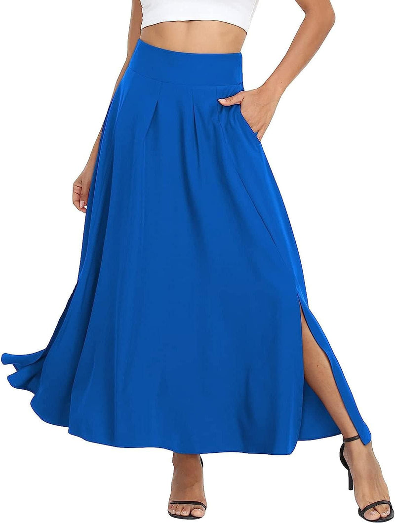 Damen High Waist Maxirock Taschen mit Seitenschlitz Langer A-Linie Rock S 0 Hellblau, M
