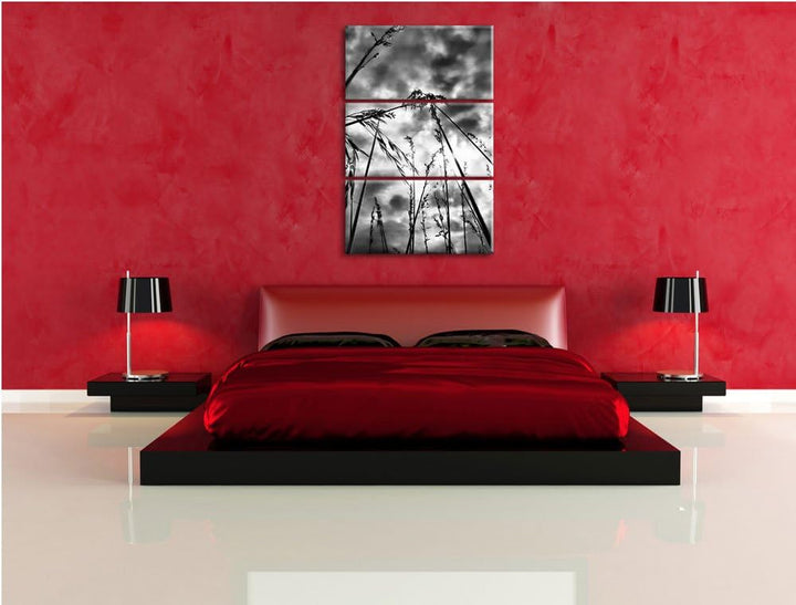 Pixxprint Monocrome, Grashalme mit dunklem Himmel 3-Teiler Leinwandbild 120x80 Bild auf Leinwand