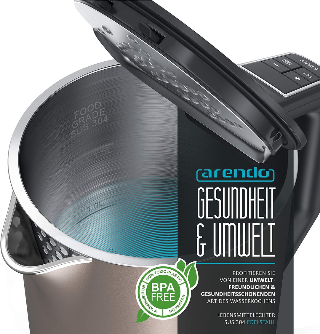 Arendo - Edelstahl Wasserkocher mit Temperatureinstellung 40-100 Grad in 5er Schritten - Doppelwand