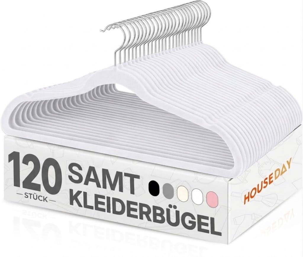 HOUSE DAY Weiss Kleiderbügel 120 Stück, Samt Kleiderbügel Rutschfester Filz Bügel -Platzsparende, Pr