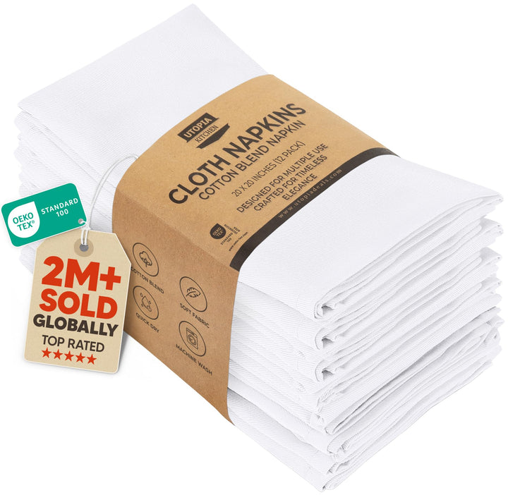 Utopia Kitchen Stoffservietten [12er Pack, Weiss] 50x50 cm Waschbare Tischservietten für Hotel, Mitt