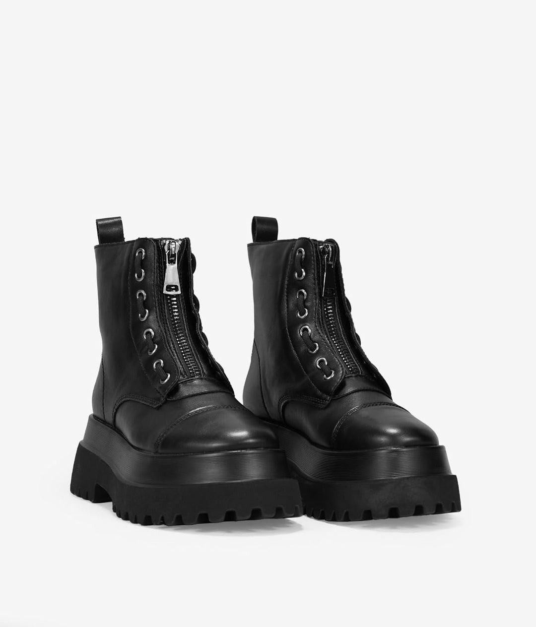 BOSANOVA Schwarze Militärstiefel mit mittlerem Reissverschluss, Schnürung Detail und Track-Plattform