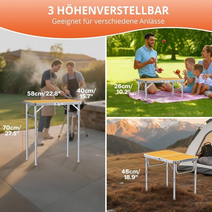 FUNYKICH Campingtisch 58x40cm,tragbarer Aluminium Klapptisch mit 3 Höhenverstellbar(26/48/70cm),Leic