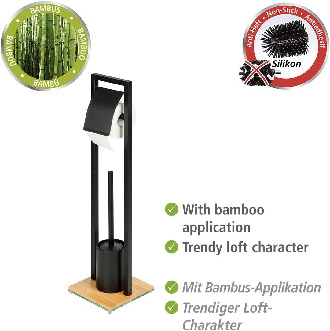 WENKO Stand WC-Garnitur Bambusa, inkl. Rollenhalter und WC-Bürste im Loft-Stil, matt lackierter Stah
