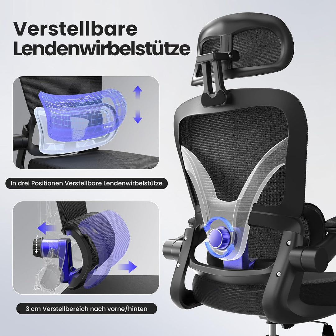 naspaluro Ergonomischer Bürostuhl mit Dynamischer Lordosenstütze, Schreibtischstuhl mit 3D-Kopfstütz
