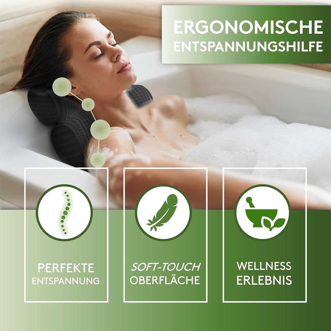 SilverRack Badewannenkissen MEDIUM-WEICH [Schwarz 4D] - Nackenkissen für Badewanne mit Saugnäpfen al