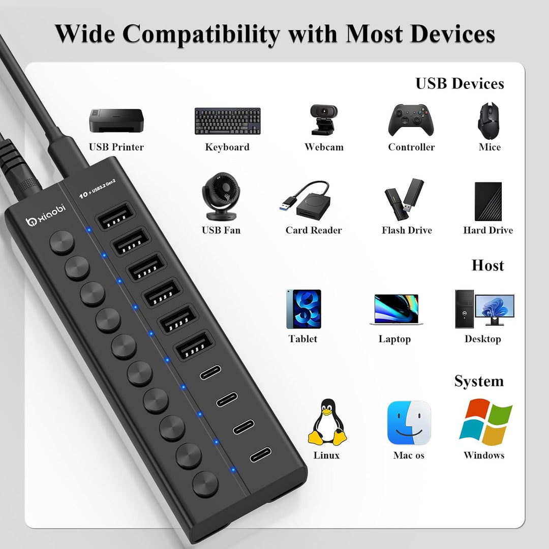 10 Port USB Hub mit Netzteil 60W - 10Gbps USB 3.2 Gen 2 Hub Aktiv aus Aluminium mit 6 USB-A & 4 USB-