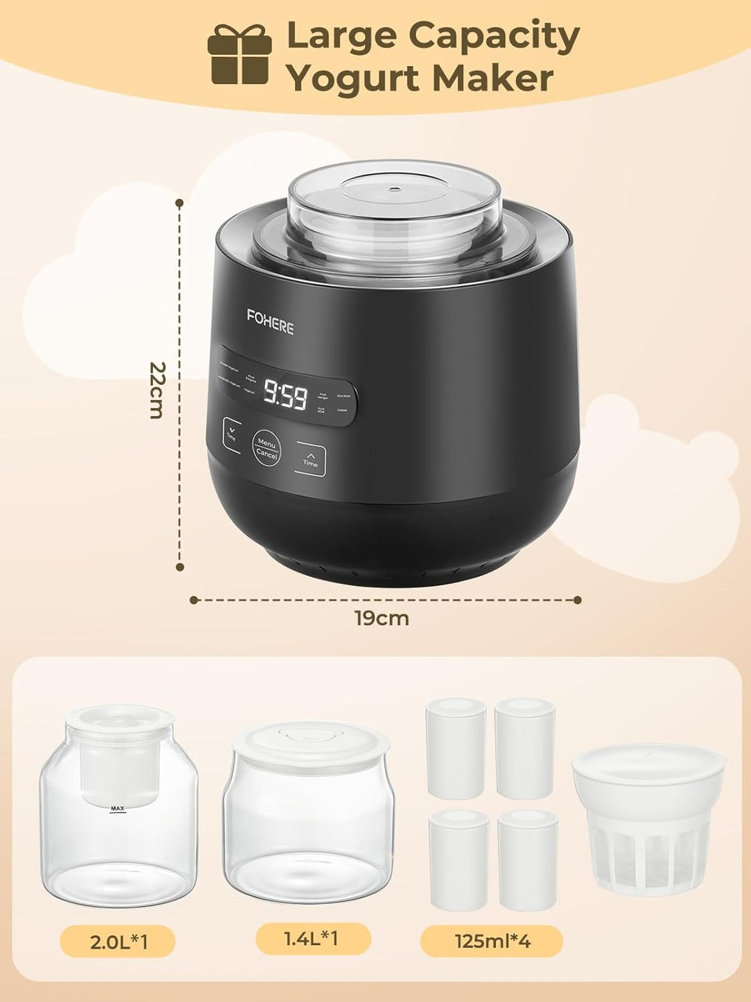 FOHERE Joghurtbereiter, Joghurt inkl. 2 XXL Glasbehälter 2000 ml und 1400 ml, 4 Keramik Portionsbech