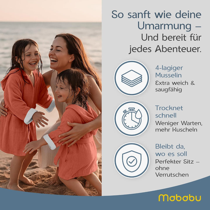 Bademantel Kinder mit Kapuze | 100% Bio-Baumwolle GOTS Zertifiziert | Premium Musselin Kinderbademan
