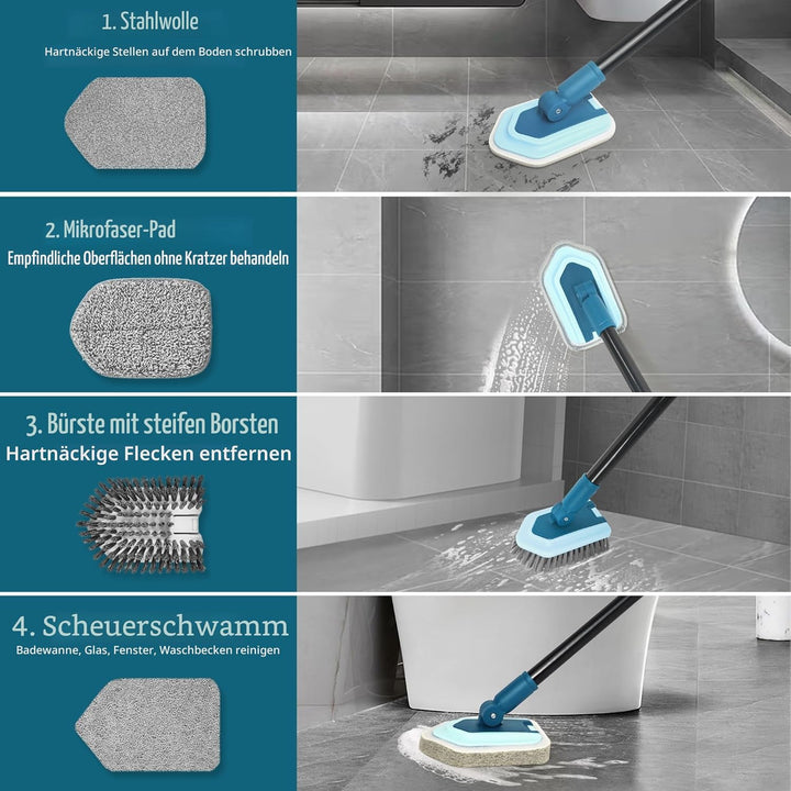 JEHONN Schrubber mit Stiel, Reinigungsbürste Bad mit Teleskopstange 130 cm, 4 Verschiedene Schwamm B