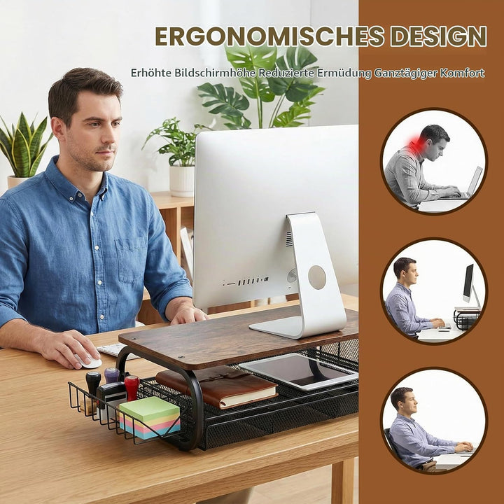 Monitorständer Holz, Monitorständer mit Schublade, Bildschirmerhöhung, Monitorständers mit 2 Ebenen,