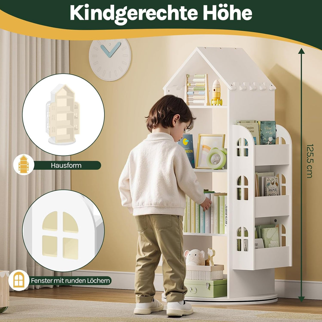 WOLTU Drehbares Bücherregal Kinder, Kinderregal Kinderbücherregal, Mit 4 Ebenen 2 Seitenregalen, Reg