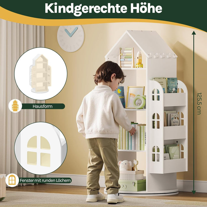 WOLTU Drehbares Bücherregal Kinder, Kinderregal Kinderbücherregal, Mit 4 Ebenen 2 Seitenregalen, Reg