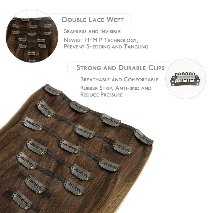 WENNALIFE Clip in Extensions Echthaar, 45cm 18 Zoll 120g 7pcs Balayage Schokoladenbraun bis Karamell