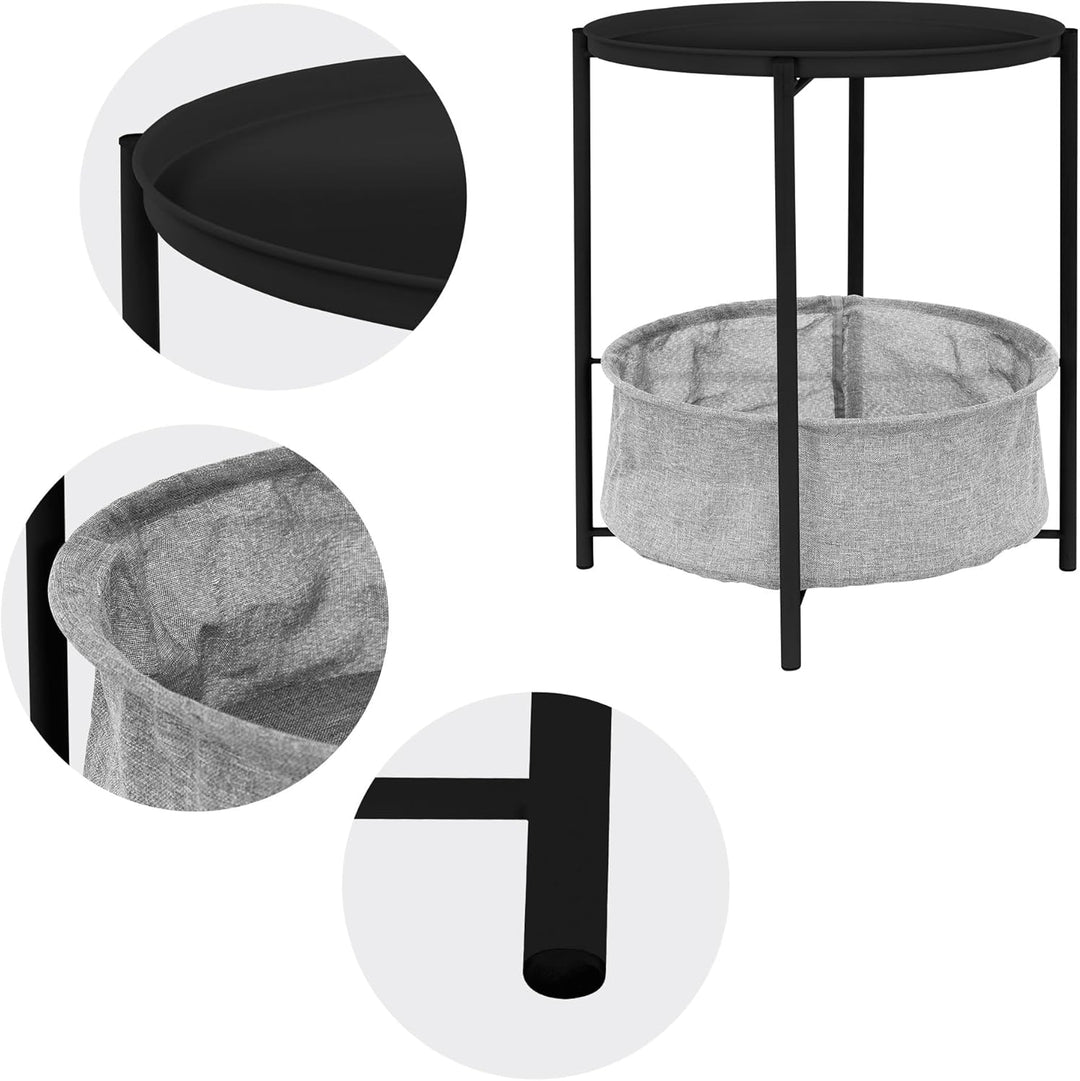 ML-Design Beistelltisch rund Ø46xH51 cm Schwarz, aus Metall, Couchtisch mit Stoffkorb &amp; abnehmbarer