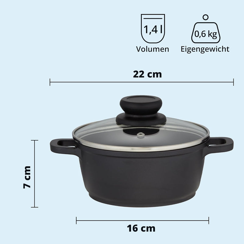 KHG Topf Kochtopf 16 cm Induktion Antihaftbeschichtung Sossentopf Fleischtopf 1,25 Liter | Schwarz A