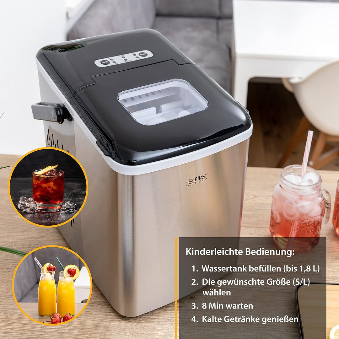 TZS First Austria Eiswürfelmaschine - Edelstahl Ice Cube Maker - 9 Würfel in 7-9 Minuten| Würfel S/L