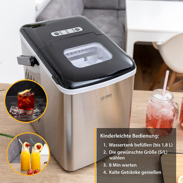 TZS First Austria Eiswürfelmaschine - Edelstahl Ice Cube Maker - 9 Würfel in 7-9 Minuten| Würfel S/L