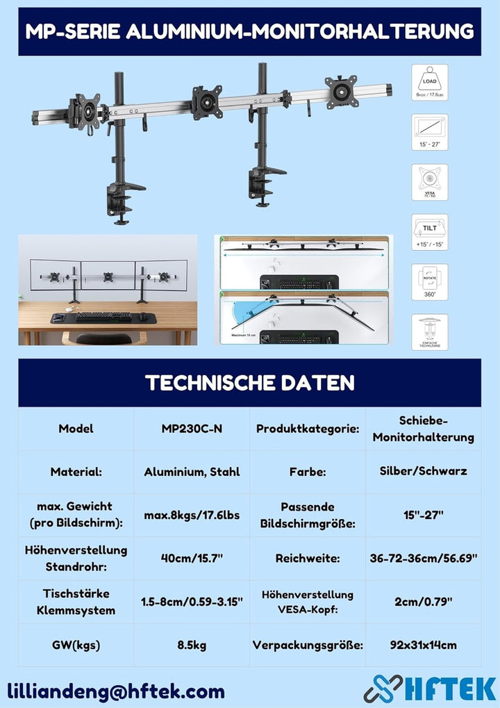 HFTEK 3-Fach Monitorarm - Tischhalterung für 3 Bildschirme von 15 – 27 Zoll mit VESA 75 / 100