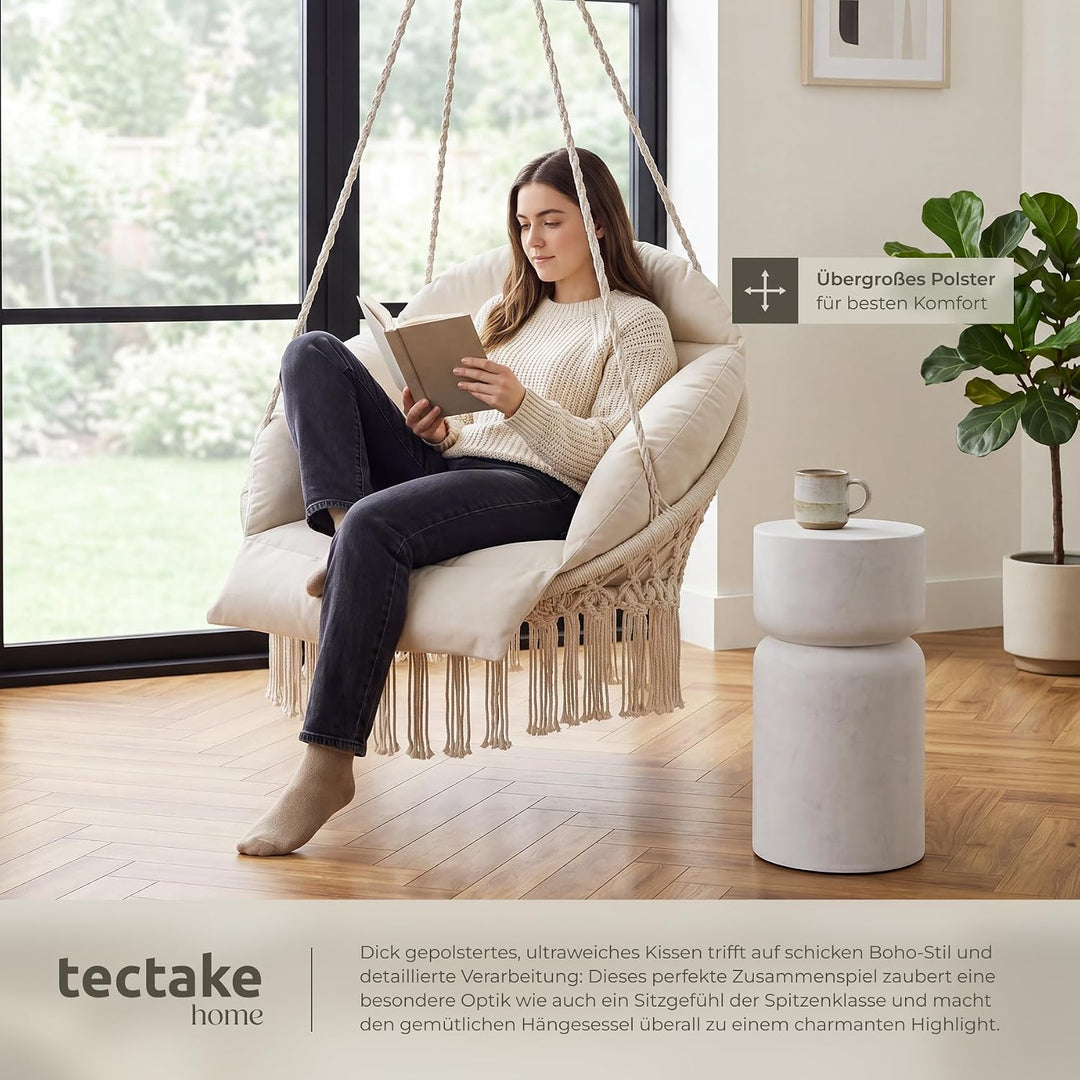 tectake® Hängesessel, Hängeschaukel mit dicken Kissen & Quasten, Boho Hängekorb Ø 80 cm, Hängesessel