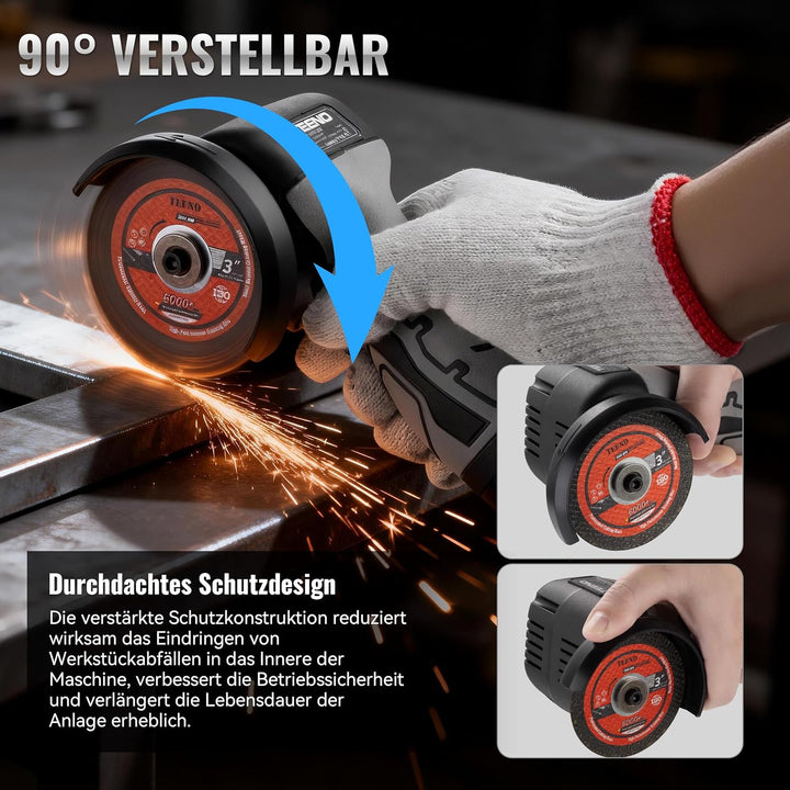 Winkelschleifer TEENO 19.500 U/min – kabellose Schleifmaschine, 76 mm, Komplettset mit 2 Akkus 2000