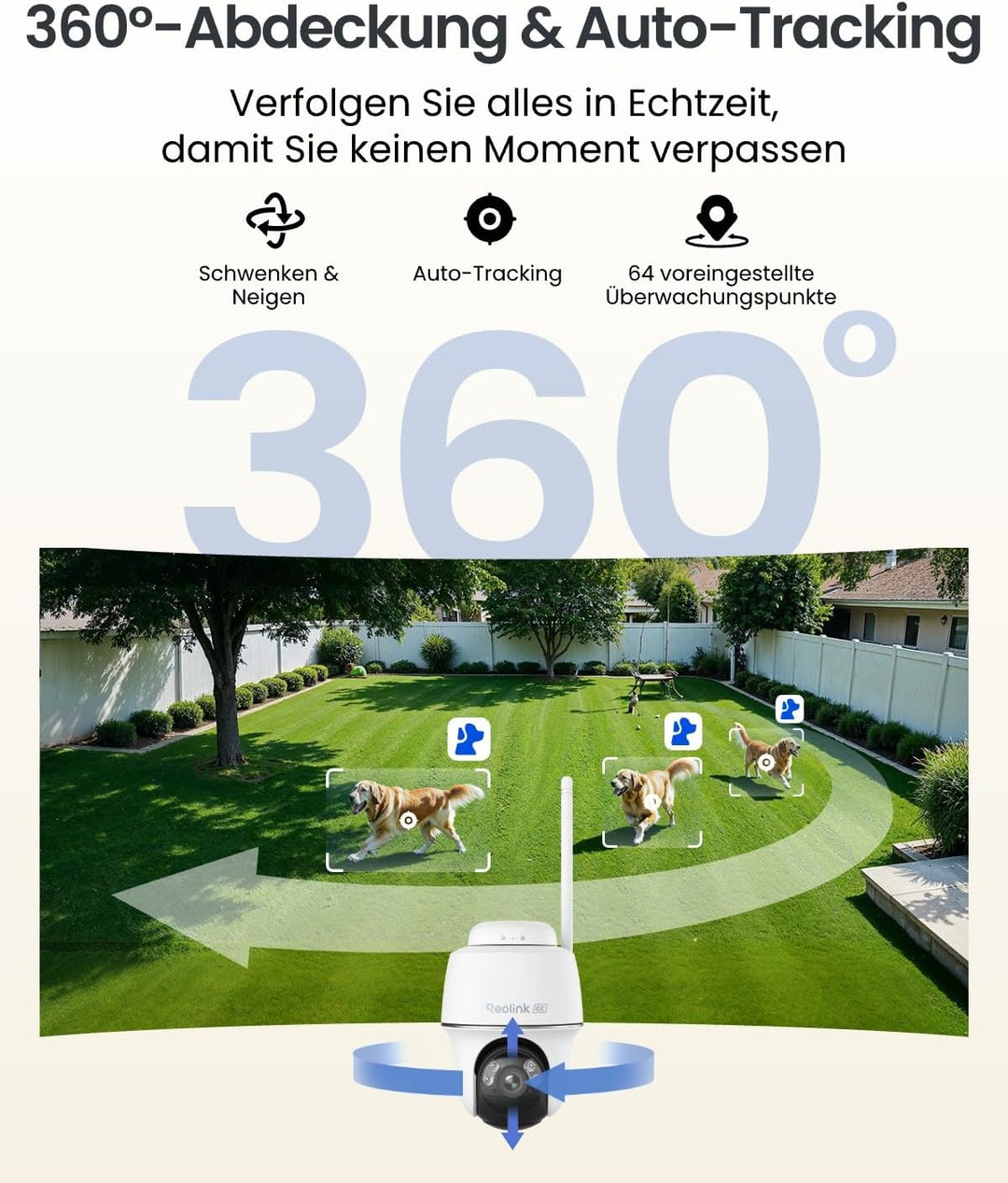 Reolink Erste 4K Solar Überwachungskamera Aussen Akku, Argus PT Ultra + 6W Solarpanel, 2,4&5GHz WiFi
