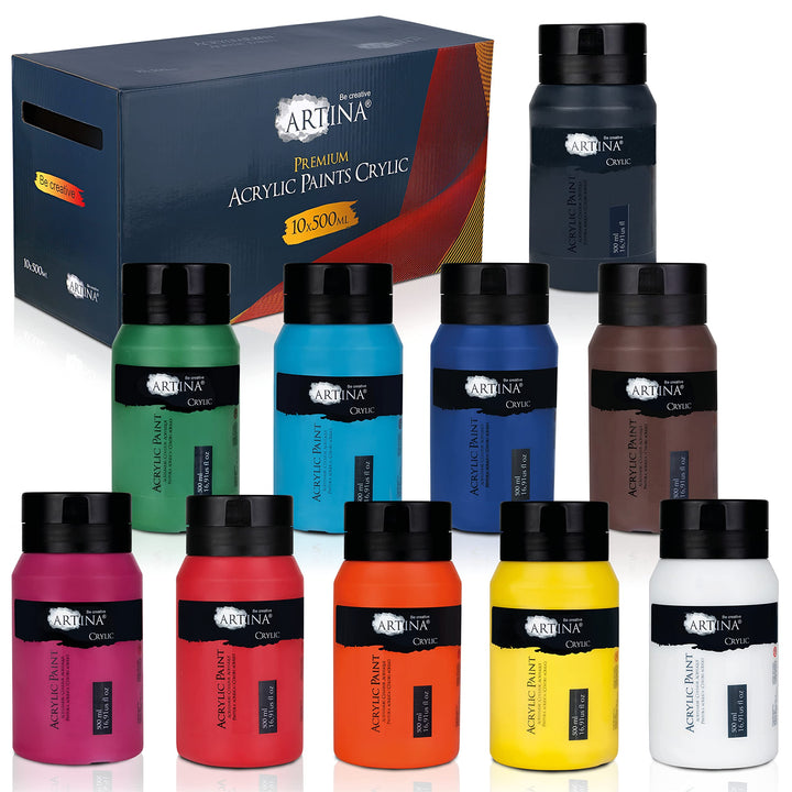 Artina 10er Acrylfarben Set 500ml – Deckende Malfarbe Schnelltrocknende Farbe zum Malen 10x500ml Pro