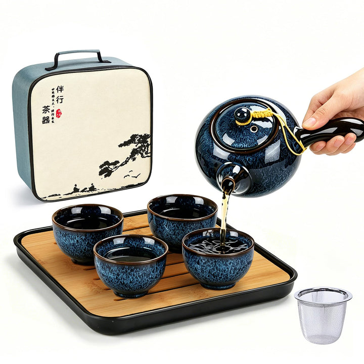 DUJUST Chinesische Gongfu-Teeset, glasierte Porzellan-Set mit 1 Teekanne, 4 Tassen & 1 Teetablett, t
