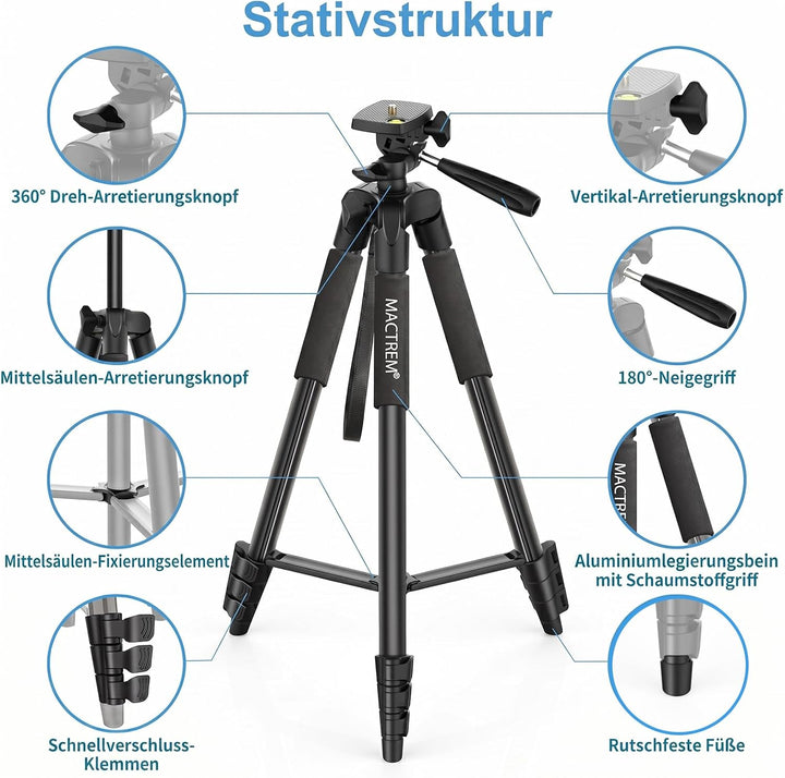 Handy Stativ, 2024 Upgrade 165cm / 65" Kamera Stativ für Smartphone iPad, 360° Drehung Tragbar Tripo