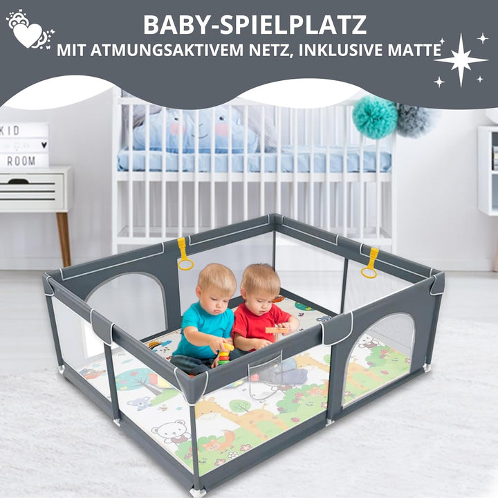 EveryKip® Laufstall Baby 120x120cm, Laufgitter baby mit atmungsaktivem Netz, Baby Laufstall mit Reis