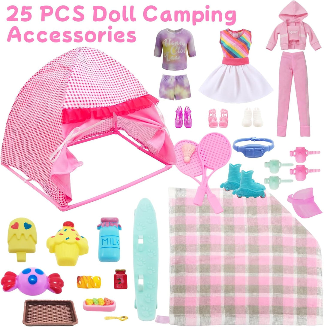 25 Kleidung Camping Sets Kompatibel mit Barbie, 1 Zelt 2 Oberteil Hosen1 Rock 1 Picknickdecke 3 Schu