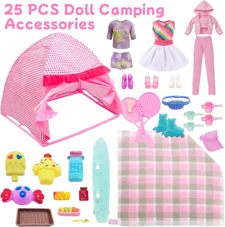 25 Kleidung Camping Sets Kompatibel mit Barbie, 1 Zelt 2 Oberteil Hosen1 Rock 1 Picknickdecke 3 Schu