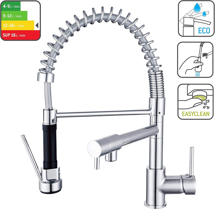 DELINIA - Küchenarmatur mit ausziehbarer Brause - ALAIN - 360° drehbar - Messing verchromt - Rostfre