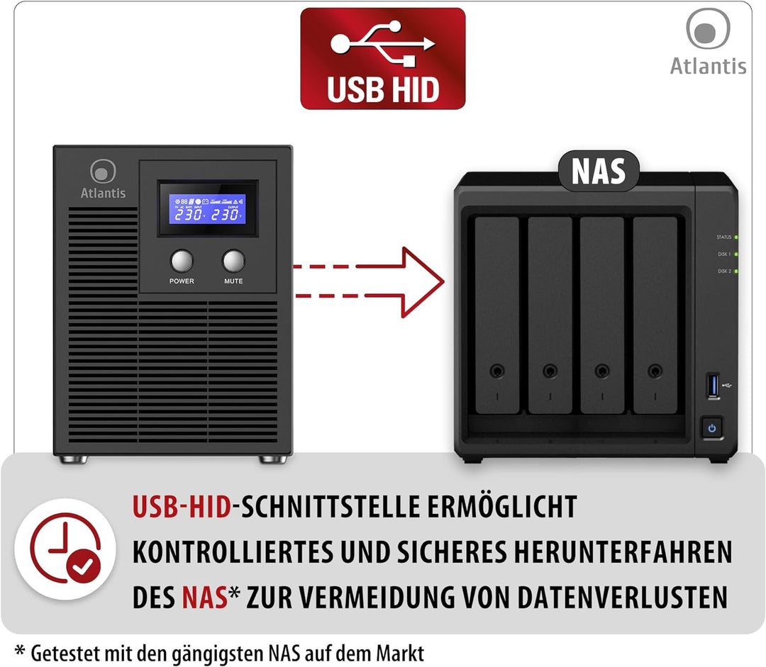 Atlantis A03-HP3003P Pure Sinuswelle 2000VA 1400W Line Interactive, LCD-Display, USB-HID-Anschluss,