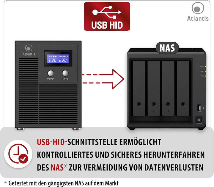 Atlantis A03-HP3003P Pure Sinuswelle 2000VA 1400W Line Interactive, LCD-Display, USB-HID-Anschluss,
