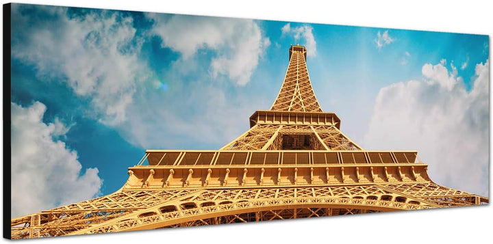Panoramabild auf Leinwand und Keilrahmen 150x50cm Paris Eiffelturm Himmel Wolkenschleier