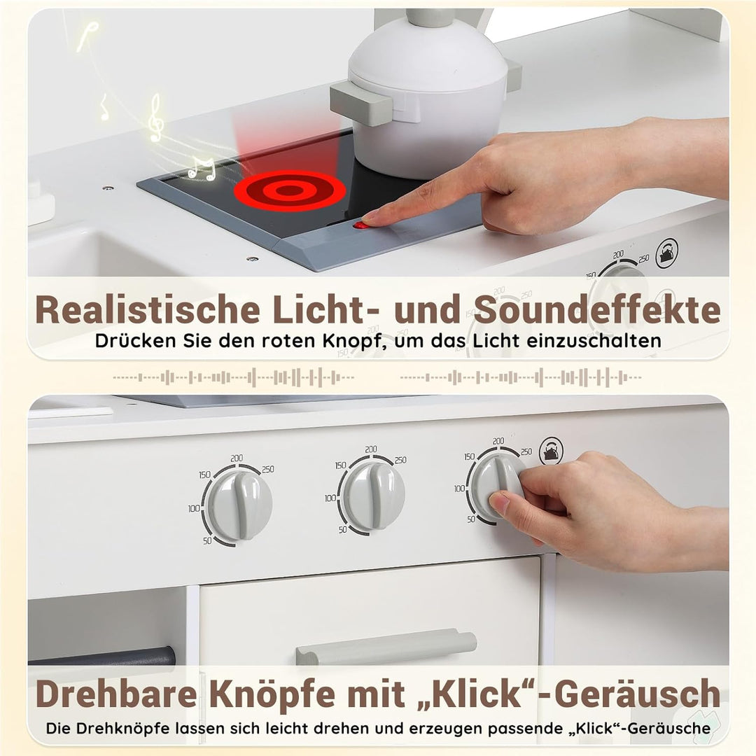 SainSmart Jr. Kinderküche Holz Spielküche für Kinder, Creme – mit Licht & Sound, Eiswürfelspender, M