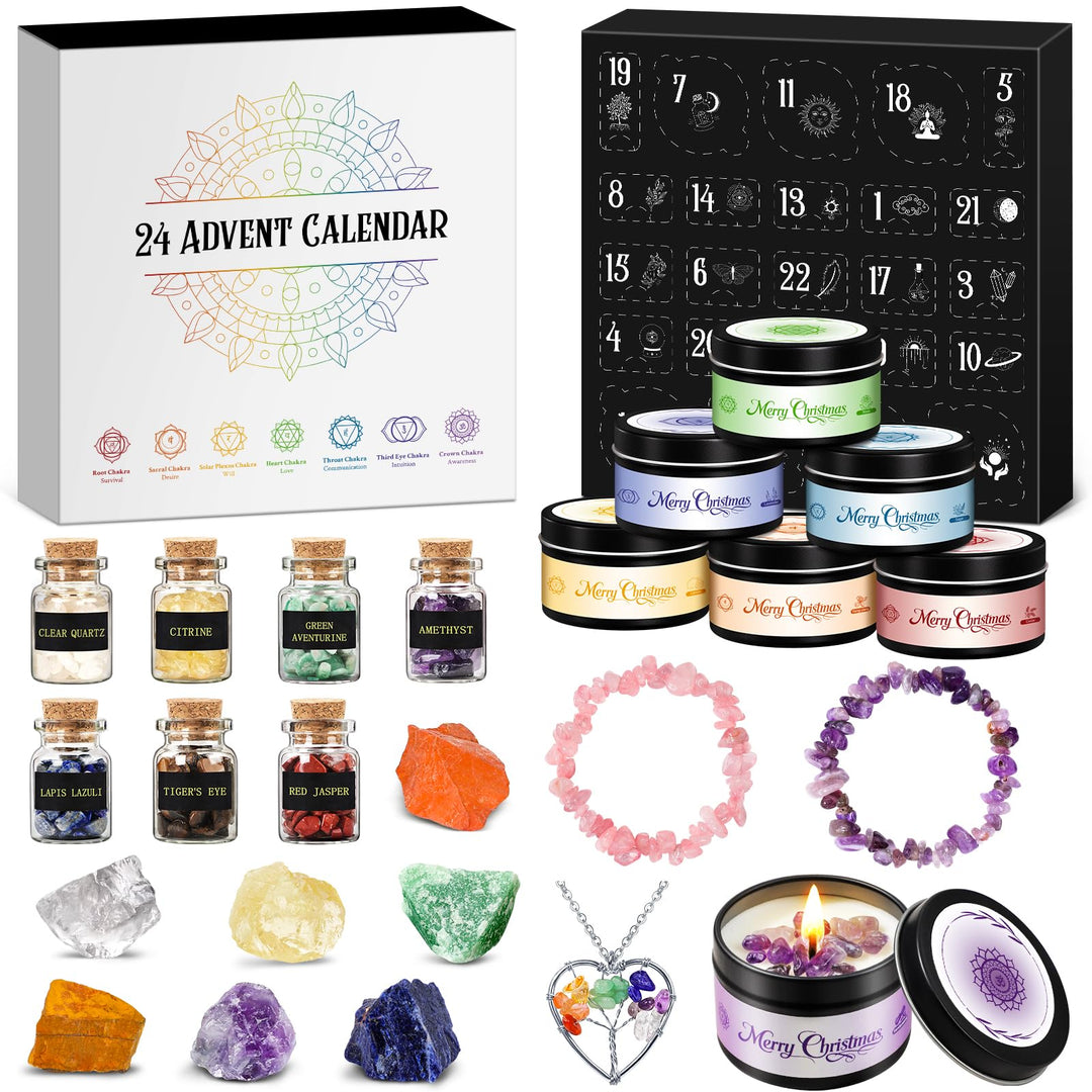 Adventskalender 2025 Frauen Chakra Duftkerzen mit Edelsteine, Geschenke für Yoga Entspannung, Medita