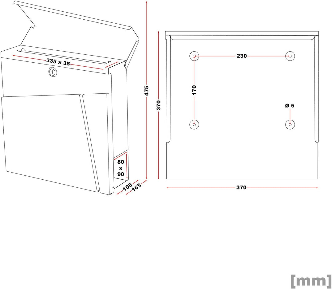 Wiltec Designer Briefkasten V23 anthrazit 370 x 105 x 370 mm, Wandbriefkasten mit Schloss und Zeitun