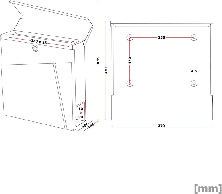 Wiltec Designer Briefkasten V23 anthrazit 370 x 105 x 370 mm, Wandbriefkasten mit Schloss und Zeitun