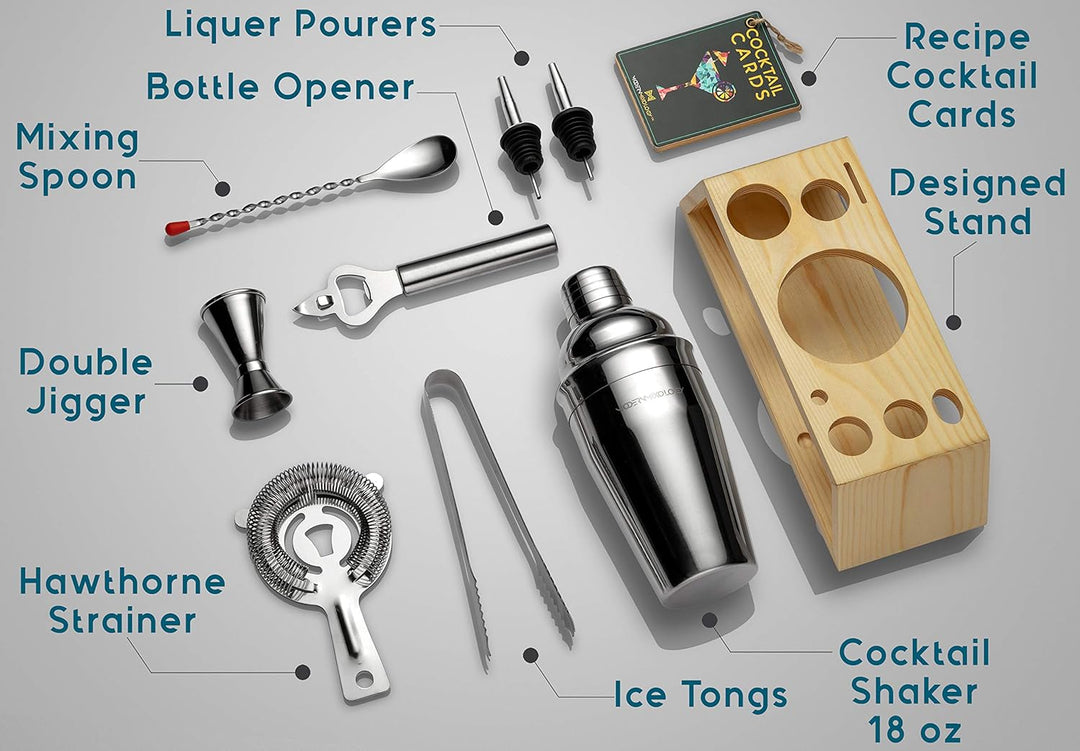 Mixology & Craft Cocktail Set 10tlg. mit Ständer - Edelstahl Cocktail Shaker, Bar Zubehör, Rezepte