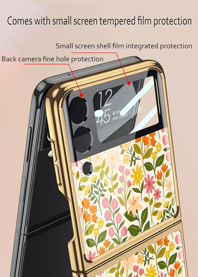 COQUE Galaxy Z Flip 3 5G Hülle,9H gehärtetes Glas Glänzend farbige Blumen Handyhülle, klappbare Hand